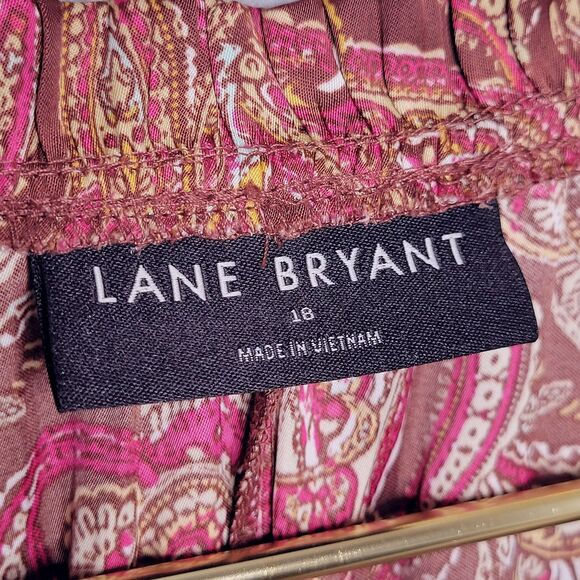 LANE BRYANT Brown Paisley Midi Dress Size 18 Long Sleeve Ruffle Neck Silky Boho - Picture 9 of 12